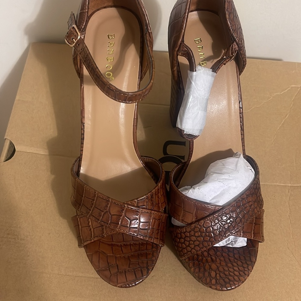 Brown Crocodile Pattern Platform Heels - image 2